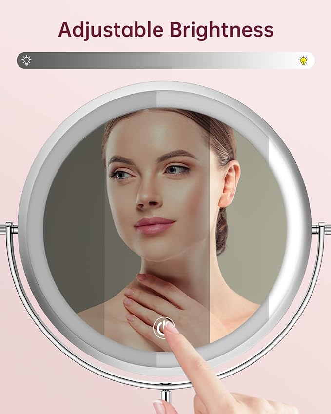 Gospire 8" Lighted Makeup Mirror with Magnification 10X/1X, 3 Color Lights & Dimmable Lighting, 360° Rotation Double Sided Rechargeable Cordless Vanity Cosmetic Standing LED Mirror for Makeup