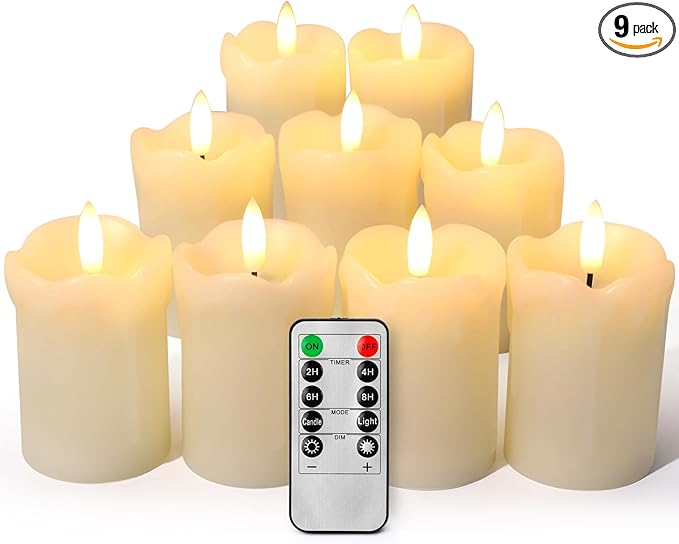 YOROXRG 9 Pack Flameless Votive Candles with Timer Remote,2" x 3" Real Wax, Realistic Black Wick Battery Operated Pillar Candles for Wedding, Party and Holiday Decoration