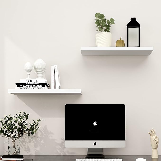 WELLAND Set of 2 Floating Shelves Wall Mounted Shelf, for Home Decor with 8" Deep (White, 15 inch)