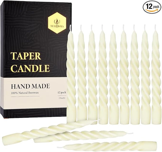 12 pcs Natural Beeswax Spiral Taper Candles, Dripless Short Candle Sticks for Dinner Wedding Party Christmas Home Decorations - 7 Inch Tall- Off White