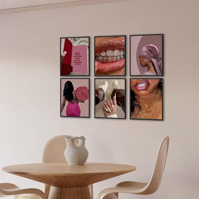 Black Woman Poster Set of 6, Fashion African American Women Wall Art, Trendy Abstract Black Girl Canvas Wall Decor Paintings Aesthetic Pictures for Bedroom Living Room 12x16 inch Unframed
