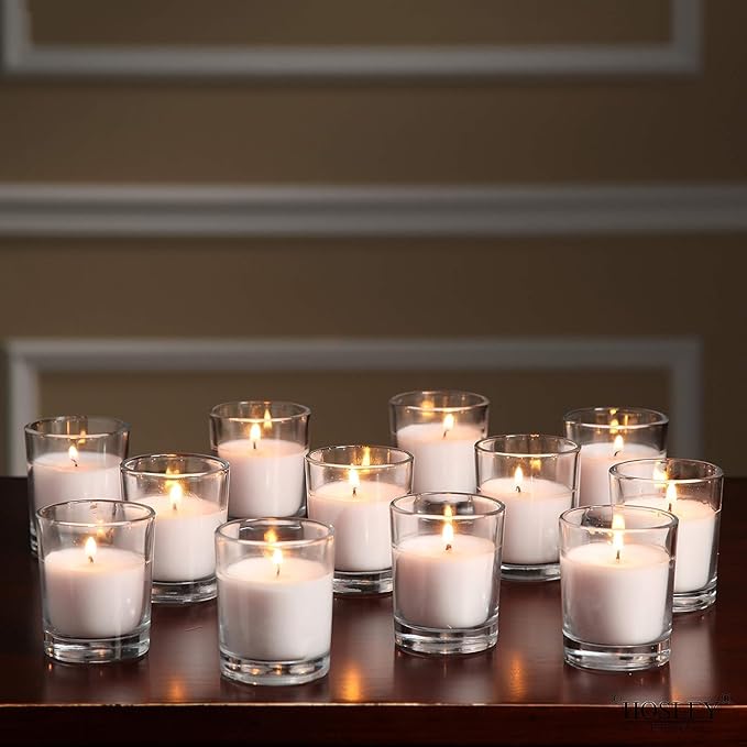Hosley 20-Pack Ivory Unscented Votive Candles in Clear Glass Holders - Long Burn Time Hand Poured Wax for Weddings and Home Decor