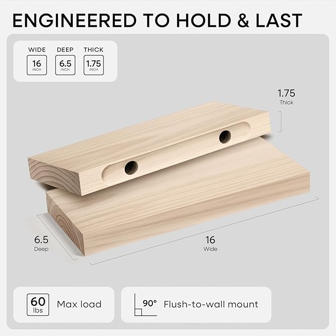 Homeforia Wood Floating Shelf 16 inch, High End Solid Natural Wood 16inch Floating Shelves for Wall Mounted, Unfinished Wooden Small Floating Shelves, Heavy Duty Bracket, 16 X 6.5 X 1.75 in, Set of 2