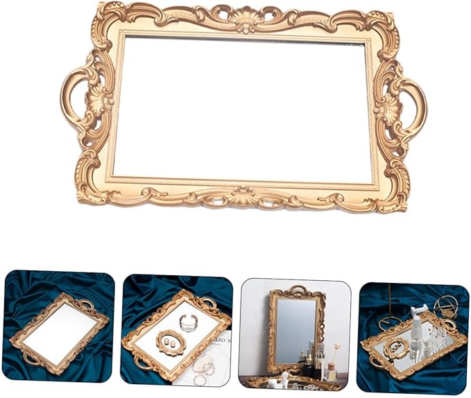 Golden Retro Mirror Tray Decorative Makeup Organizer Vanity Photo Prop European Style Rectangular Plastic Storage Plate for Perfume and Jewelry Display