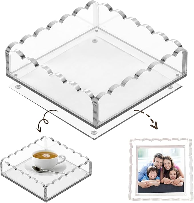 Scalloped Acrylic Tray with Magnetic Mat - 8x8in Customizable Display for Photos, Art & Notes | Non-Slip Base | Elegant Décor & Organizer for Jewelry/Cosmetics for Women/Mom/Weddings