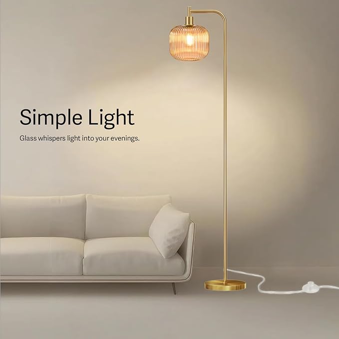 Mid Century Modern Floor Lamp, 67" Tall Standing Lamp with Transparent Amber Glass Shade, Vintage Gold Floor Lamp for Living Room Bedroom, Stable 6.2lbs Weighted Base, ST64 LED Bulb Included