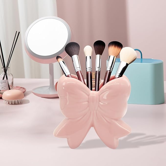 Coquette Vase Bow Ceramic Pen Holder Makeup Brush Holder, Contemporary Design Decorative Women Gifts for Home Office Shelf Table Living Room Classic Pink