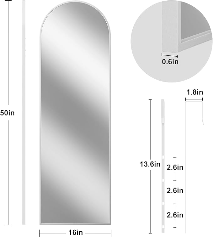 Rowjut Full Length Door Mirror, Wall Mounted Wall Mirrors, 50"X16" Arched Behind Door Mirror for Use in Living Rooms, Rooms, Bedrooms, Cloakrooms, etc. Durable & Stylish Home Decor (White)