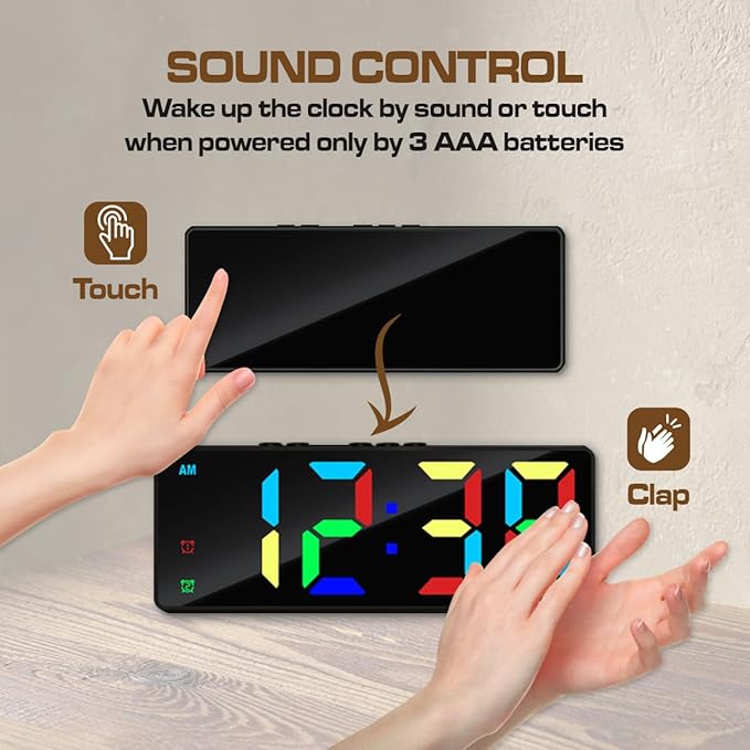Digital Alarm Clock, Mirror Surface LED Electronic Clocks Large Display, Adjustable Brightness, Dual Power Supply, Snooze Model for Bedroom, Desk, Office (Black Case + Dynamic Digit)