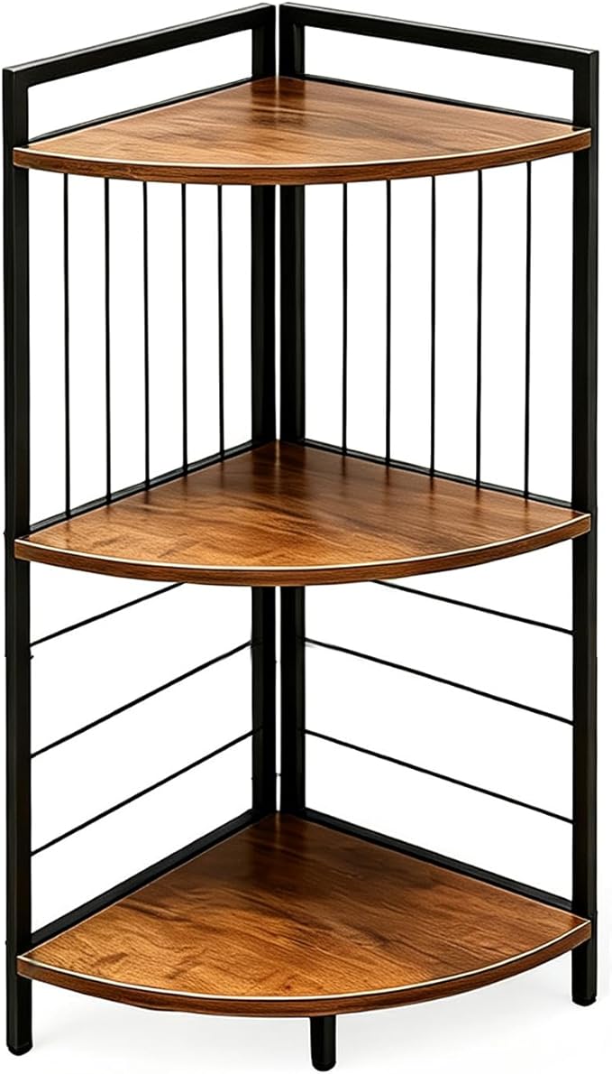 Corner Shelf Stand 3 Tier Small Bookshelf Display Storage Unit with Metal Frame for Bathroom Bedroom Kitchen Living Room Home Office, Rustic Brown and Black