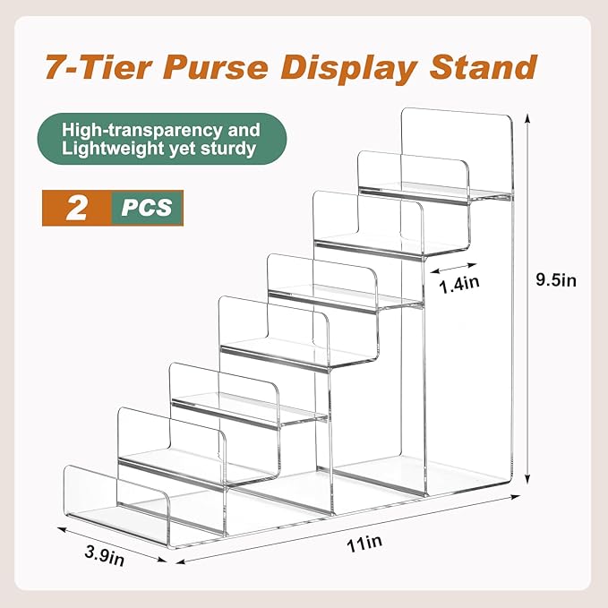 Kathfly 2 Pack 7-Tier Acrylic Wallet Display Stand Clear Purse & Handbag Organizer Riser Shelf for Perfume, Sunglasses, Cosmetics, Jewelry Vendor Display for Craft Fairs, Retail