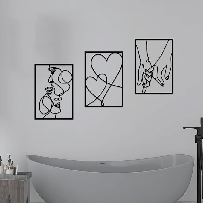 3 Pieces Metal Minimalist Line Wall Art, Valentine's Day Lover Kiss Hand Metal Wall Decor, Aesthetic Modern Home Hanging Wall Art Decor for Bedroom Bathroom Living Room