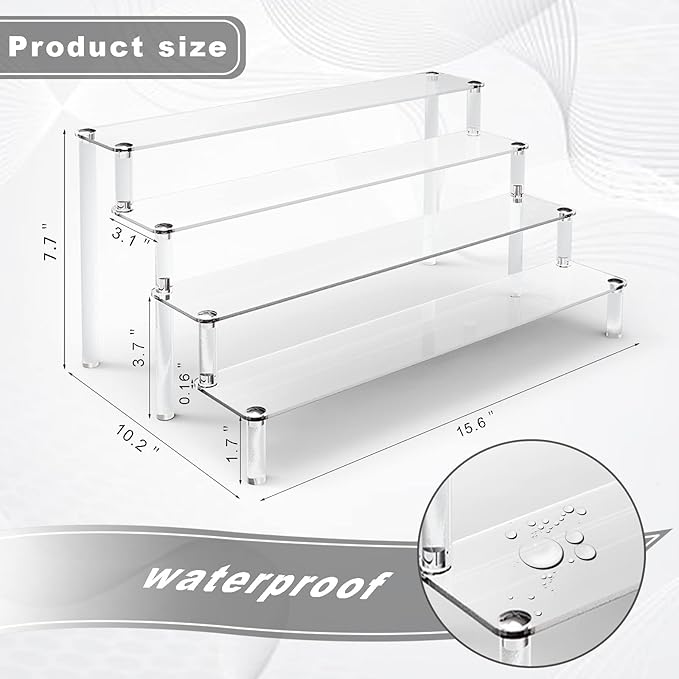 KALYLOC 2Pcs Acrylic Riser Shelf Display Stand, 4 Tier Clear Display Shelf Action Figures Holder, Collectibles Shelf for Toys Cupcakes Dessert Jewels Figurines(15.7x10.5x7.5inch)