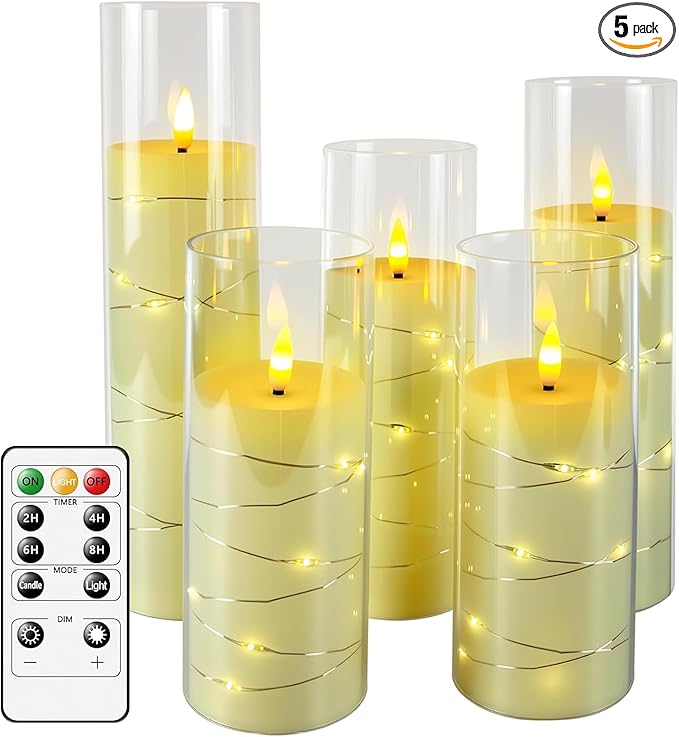 uuffoo 5 Pcs Flameless LED Candles with Timer Remote Flickering Flameless Candles with Embedded Star String, 3D Wick Acrylic Battery Operated LED Pillar Candles for Wedding Party Home Decor
