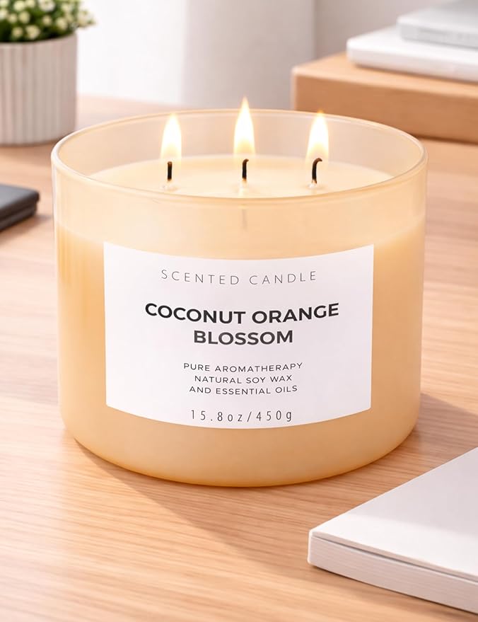 Coconut Orange Blossom 3-Wick Soy Candle | 15.8 oz Large Scented Candle for Home | Clean Burn Long Lasting | Creamy Floral Citrus Scent | Gift Ready