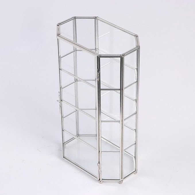 Vaveren Desktop Glass Makeup Storage Box with 4 Layers Trinket Earring Ring Holder Brass Frame Cosmetic Organizer for Bathroom Vanity