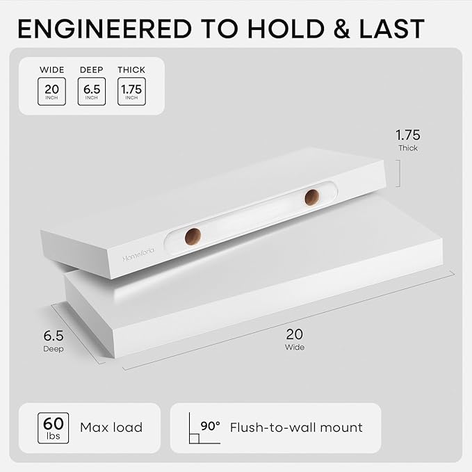 Homeforia White Floating Shelf 20 inch, High End Solid Real Wood 20inch Bathroom Floating Shelves for Wall Mounted, White Wooden 20in Floating Shelves, Heavy Duty Bracket, 20 X 6.5 X 1.75 in, Set of 2