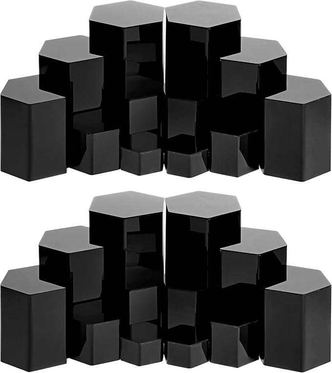 Jetec Hexagonal Jewelry Display Risers Hexagonal Market Display Risers Stands Acrylic Showcase Acrylic Stand for Jewelry Model Figures Decoration, 6 Sizes(Black,12 Pieces)