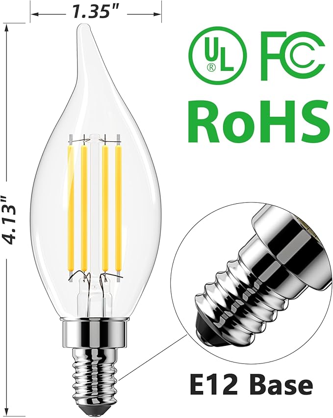 CYLYT E12 Chandelier Bulb 40 watt Equivalent, Dimmable LED Candelabra Light Bulbs 4W, 5000K Daylight 470 Lumen Lightbulbs, CA11, UL Listed, Pack of 6