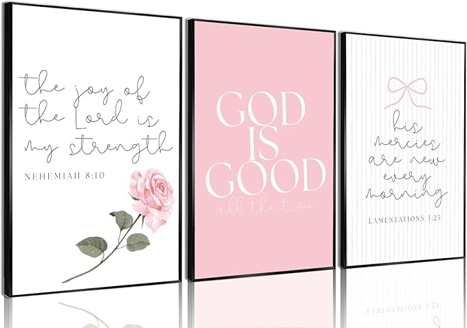 3Pcs Pink Christian Canvas Wall Art Coquette Bow Poster Print Aesthetic Picture Preppy Painting Wall Decor For Girls Bedroom Bathroom or Dorm 16x24in Unframed