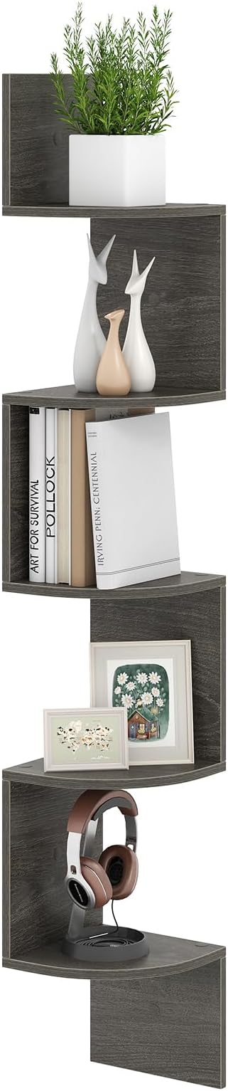 Giantex Corner Shelf Wall Mounted, 5-Tier Floating Corner Bookshelf, Home Storage Organizer, Wooden Display Stand Rack for Wall, Plant Shelf for Living Room, Bedroom, Kitchen (1,Oak)