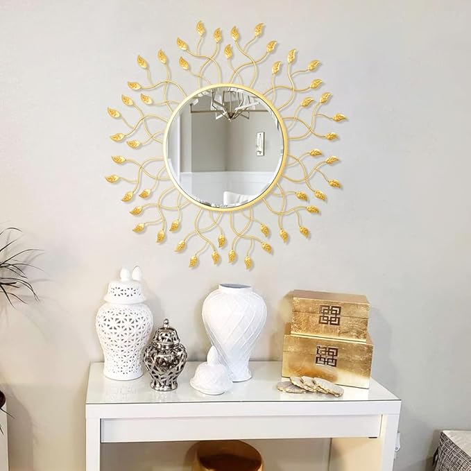 Chende 32" x 32" Large Mirror for Living Room Decor, Round Wall Mirror with Metal Leaves, Beveled Decorative Mirror for Entryway, Dining Room, Bedroom