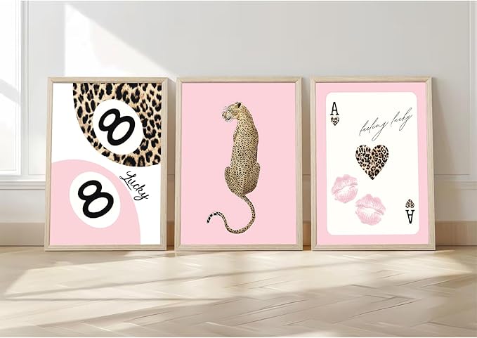 Trendy Leopard Wall Art Cheetah Print Canvas Wall Decor 8 Ball Poster Preppy Room Aesthetic Pictures Funky Coquette Vintage Prints Y2k Fashion Lucky Posters for Bedroom 12x16x3 Inch Framed