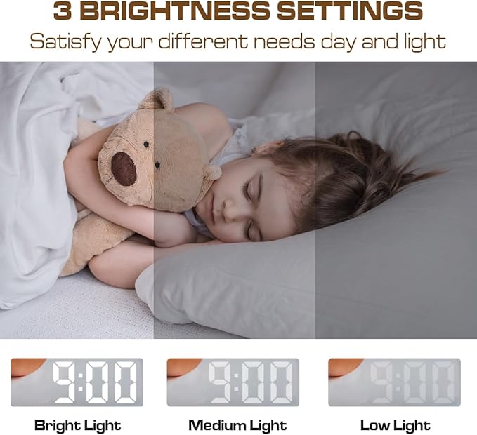 Small Digital Alarm Clock, Mirror Surface LED Electronic Clocks with Large Display, Adjustable Brightness and Snooze Model for Bedroom, Desk, Office, White Digit