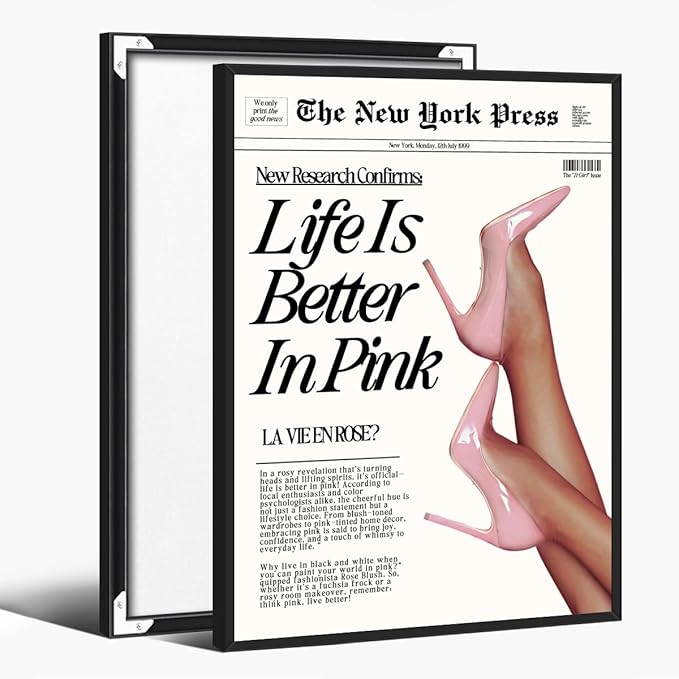 Trendy Baby Pink Poster 70s Canvas Prints The New York Press Wall Art Life Is Better in Pink Hot Girl Posters Preppy Aesthetic Decor Bedroom for Cool Girly Room Home Dorm 16x24inch black framed
