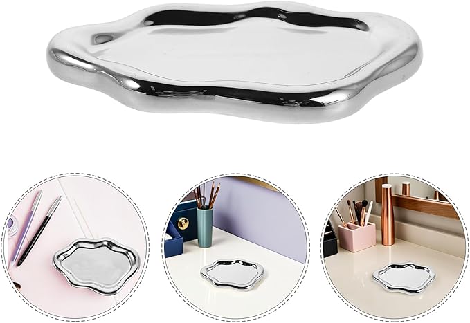 Zerodeko Ceramic Jewelry Tray Irregular Silver Nail Art Photo Prop Makeup Organizer Plate Keyring Holder Perfume Display Decorative Tray for Home Décor