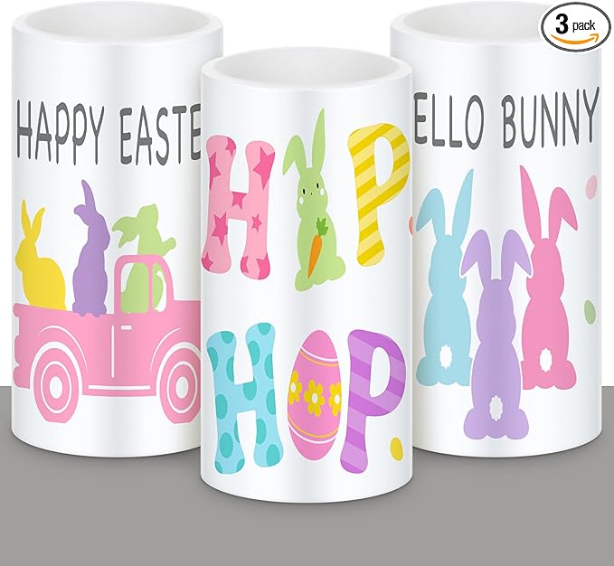 Retisee 3 Pcs Pastel Easter Flameless LED Candles Battery Operated Bunny Spring Flickering Pillar Candles with Remote Pastel Easter Decoration Centerpiece for Bedroom Living Room Dinner Table Decor