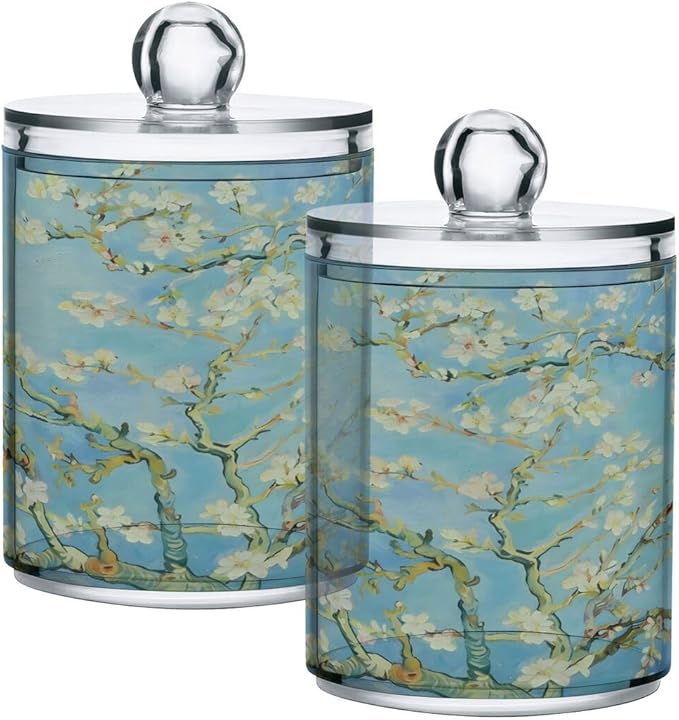Qtip Holder Dispenser for Cotton Ball, Cotton Swab, Cotton Round Pads Clear Plastic Apothecary Van Gogh Almond Blossom Jar Set for Bathroom Canister Storage Organization, Vanity Makeup Organizer