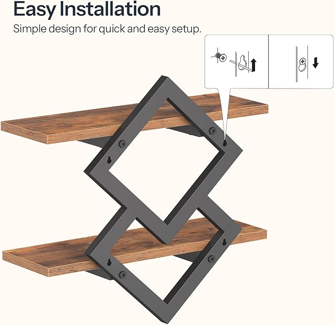 HOOBRO 15" Floating Shelves for Wall, Set of 2 Wall shelf, 2-Tier Hanging Shelves, Wall Mounted Storage Shelf, Display Rack, for Living Room Bedroom Kitchen Bathroom, Rustic Brown and Black BF14BJP201