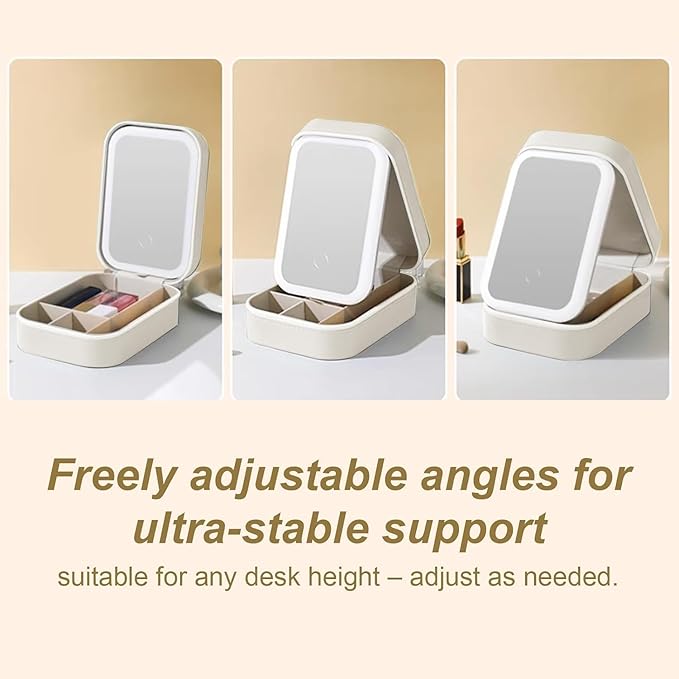 Portable LED Makeup Bag with Adjustable Light-Up Mirror - Three-Color Lighting | Dust-Proof Cosmetic Case with Multi-Compartment Storage and Jewelry Organizer (White)
