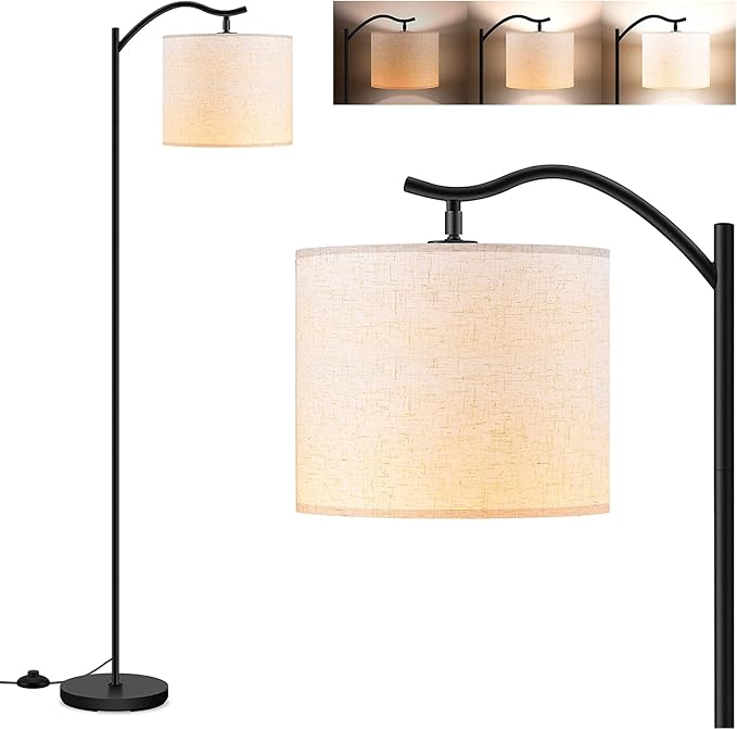 BoostArea Floor Lamp for Living Room,LED Arched Floor Lamps,Modern Standing Lamp with Beige Linen Shade,Footswitch,Mid Century Floor Lamp for Bedrooms,Study Room,Office(Bulb Not Incl)
