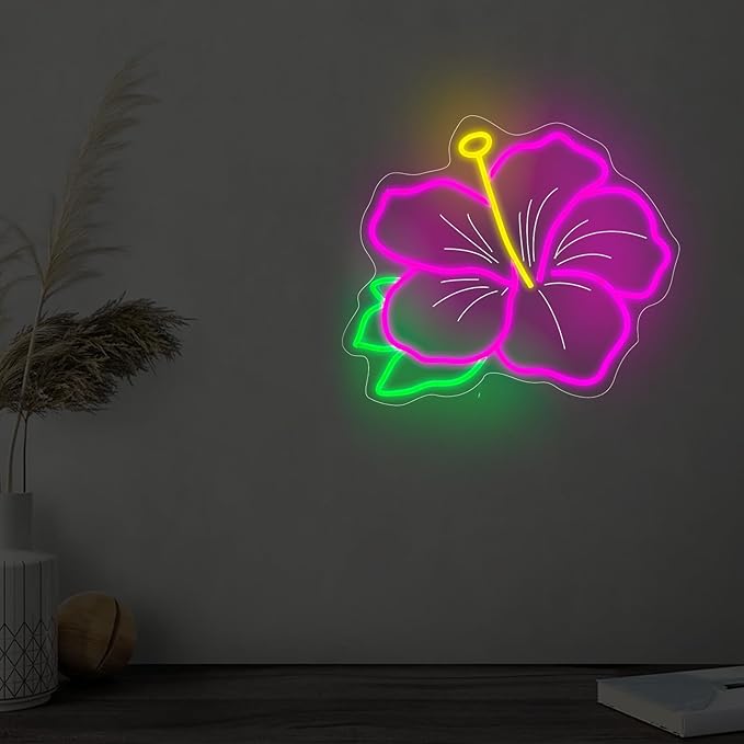 Hibiscus Neon Sign Hibiscus Flower Neon Light Hawaii Floral Neon Light Tropical Flower Sign Home Wall Art Decoration, 15"x12", Pink
