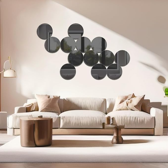 Black Round Mirrors Centerpieces for Tables 10’’ Peel and Stick Mirror Backsplash Acrylic Circle Centerpiece Trays Plates for Wedding, Birthday Party, Christmas, Wall Decor 12 PCS