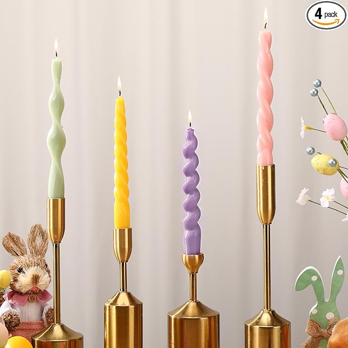 Nuanchu 4 Pcs Twisted Taper Candles Wax Unscented Smokeless Spiral Swirl Candlesticks for Wedding Holiday Dinner Party Home Decorations(7.87 Inch,Pure,Pastel Color)