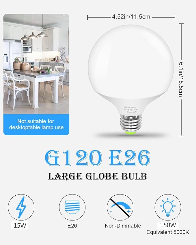 LED Light Bulb, G120 Large Globe Bulb, 15W(150W 200W Equivalent) Led Bulbs Daylight White 5000K 1800LM, CRI90+, Non-Dimmable, E26 Base, Perfect for Kitchen Living Room Office