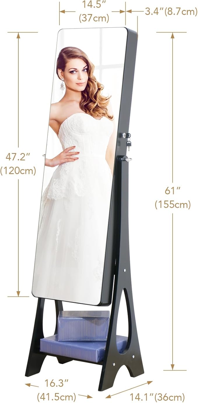 Standing Mirror Jewelry Cabinet,Full Length Mirror Jewelry Armoire Jewelry Organizer Lockable Jewelry Storage for Women Girl Frameless LED Lights 6 Drawers Black