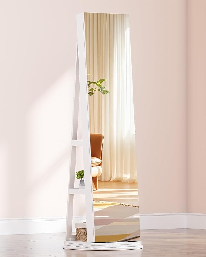 Vlsrka 360° Swivel Mirror Jewelry Cabinet, Large Jewelry Armoire Cabinet Standing, Lockable Full Length Mirror with Storage, 3 LED Lights, Foldable Makeup Shelf, Beige Velvet, White