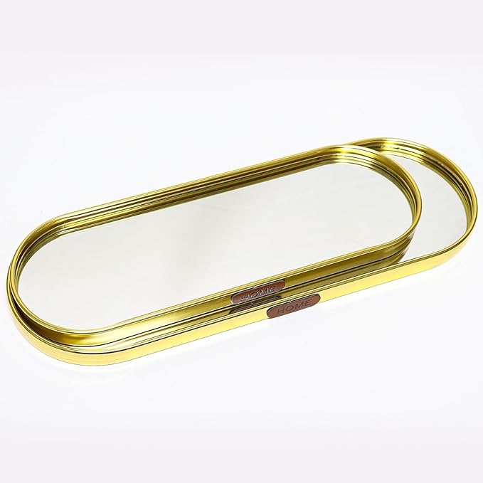 Gold Mirrored Vanity Tray, Large Oval Stainless Steel Perfume Organizer, Decorative Glass Mirror Tray for Jewelry, Makeup, Skincare, Bathroom Countertop & Dresser Decor (Oval-Large)