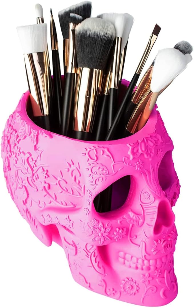 Skull Makeup Brush Holder, Pen Holder, Vanity, Desk, Office Organizer, Stationary, Decor Planter, Candy Bowl, Goth Decorations, Extra Large, Skulls Gothic Skull & Bones Organizer Bathroom (Pink)