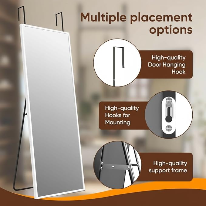Antok 48''x 14'' Full Length Mirror Over Door, 4-in-1 Standing Leaning Wall Mounted, Adjustable Hanging Mirror for Bedroom Living Room, White, Rect Corner