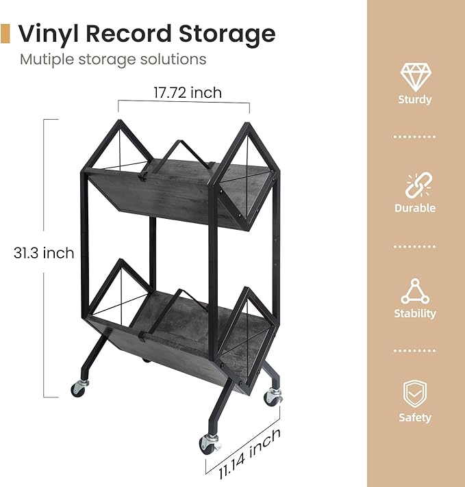 SwaaVee Vinyl Record Storage Holder with Wheels, 2-Tier Record Holder 160-200 LP with Dividers, Retro Style Quick Assembly Vinyl Record Display for Albums, Magazine, Book, Files(2 Tier- Gray)