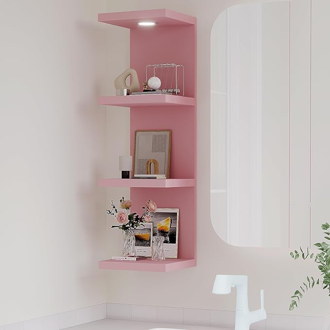 LitaEther Versatile 4 Tier Wall Shelf Unit,Pink Lack Wall Shelf,Display Floating Shelf with LED Remote Control Light