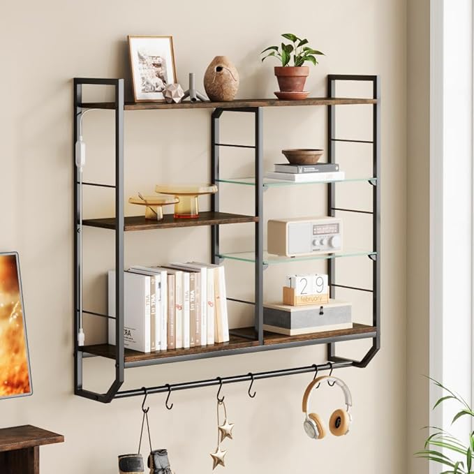 EYCOAL Gaming Floating Shelves, Wall Mounted Wooden Decor Display Shelf with 34" LED Lights and Adjustable Glass Bar Wine Shelf, Extra Hanging Hooks Storage for Gaming Room and Living Room