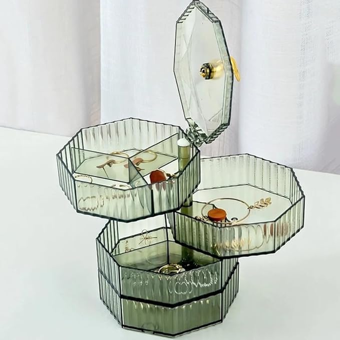 ELEFOCUS 360 Degree Transparent Rotating Jewelry Organizer,Multi-Layer Jewelry Storage Box,Acrylic Jewelry Organizer With Handle,Makeup Table Compartment Multipurpose Jewelry Box (Green)