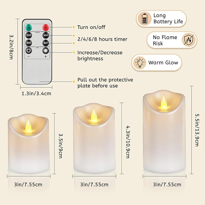 Artmarry Flameless Candles 4" 5" 6" Outdoor Indoor Pillars Battery Operated Flickering Candles Include 8-Key Remote Timer 400+ Hours by 2 AA Batteries (White Candle - Warm Light,3 Pack)