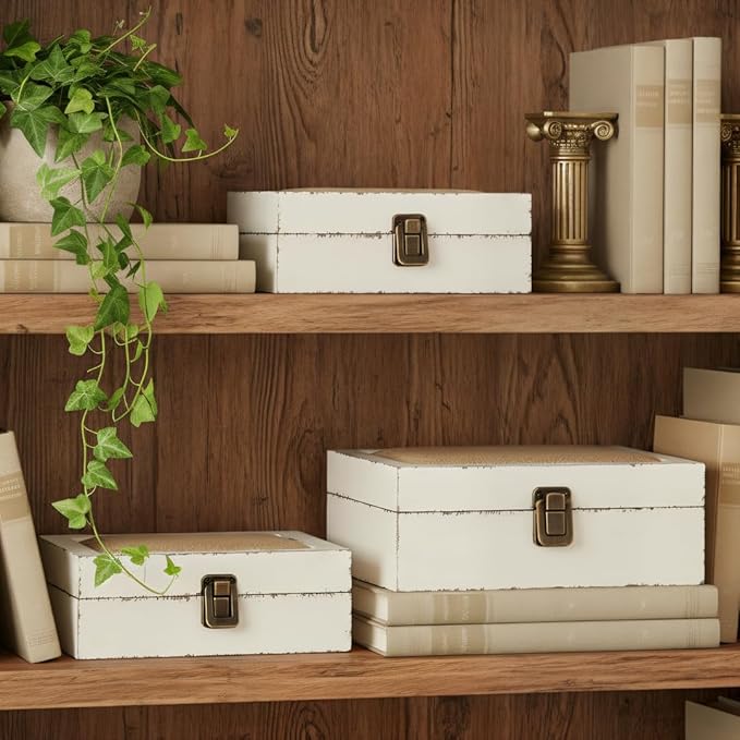 Rustic Ivory Decorative Storage Boxes with Lids Set of 2, Farmhouse Wooden Boxes for Home Decor, Keepsake Boxes Memory Gift Boxes for Living Room, Coffee Table, Entryway, Bedroom